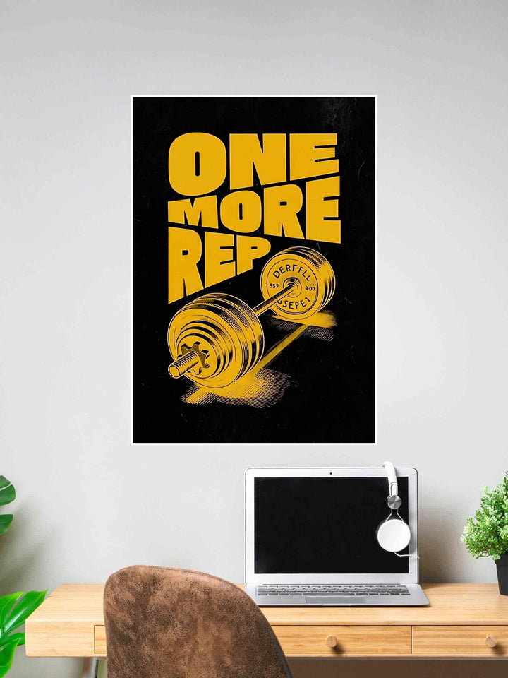 Yellow and black gym poster with bold text “One More Rep” and an illustrated barbell.