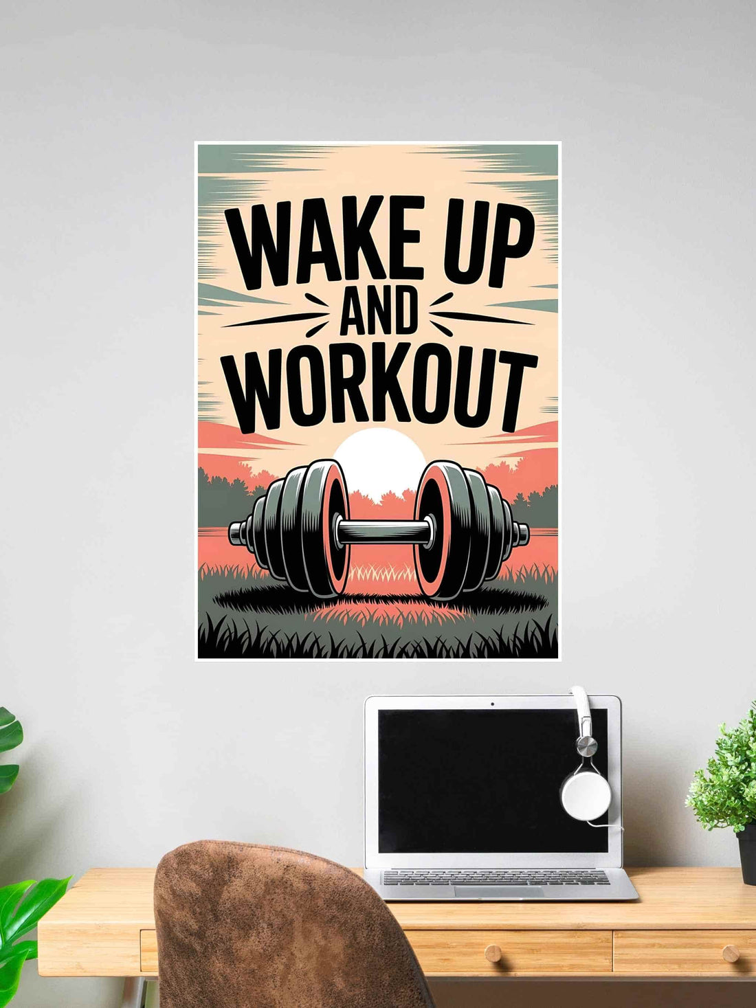 Poster with sunrise background and barbell, text reads “Wake Up and Workout.”