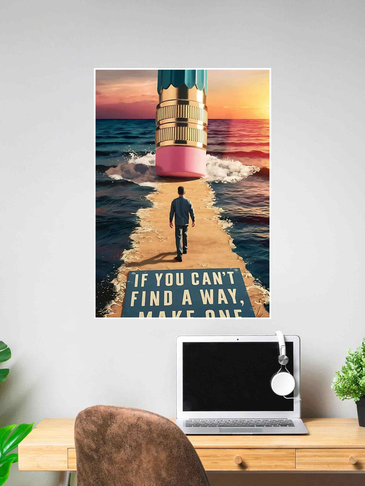 Motivational poster showing a man walking on a path created by a giant pencil with the quote "If You Can’t Find a Way, Make One" beneath.
