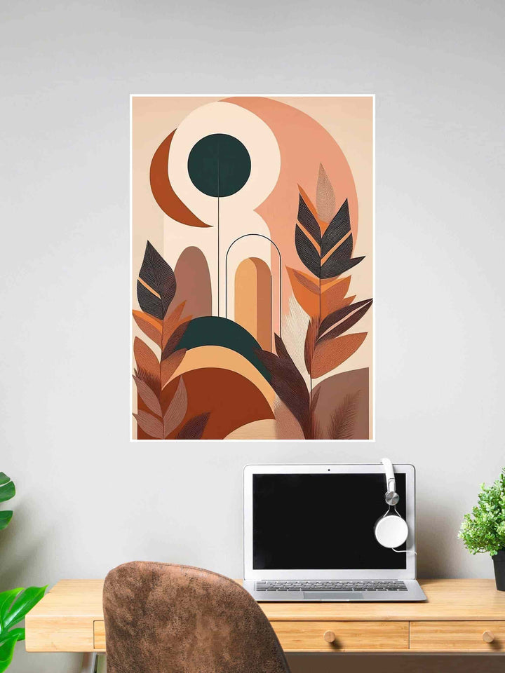 Modern abstract wall art featuring stylized leaves and geometric shapes in earthy tones.