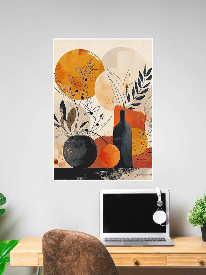 Abstract still life artwork featuring vases, plants, and geometric shapes in warm earth tones.