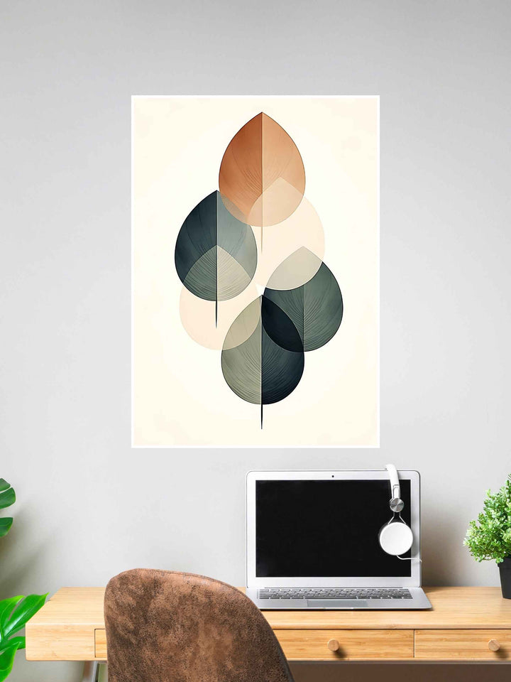 Abstract geometric leaf print in earthy tones on a light background.