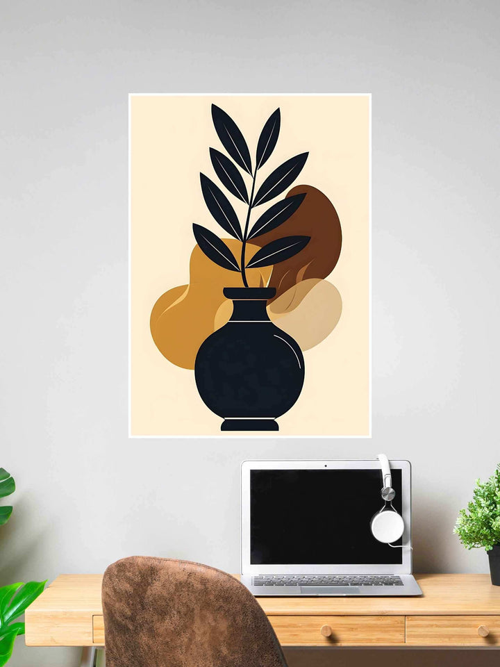 Minimalist vase with black foliage and abstract earth-tone background.