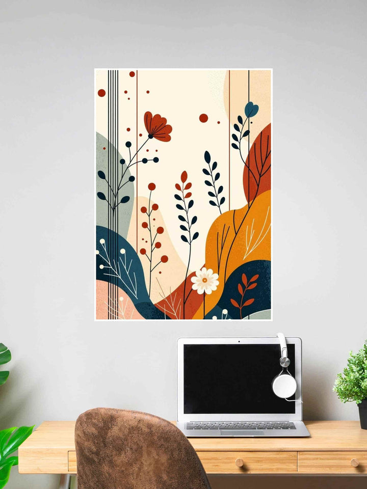 Colorful abstract floral wall art with red, orange, and navy botanical elements.