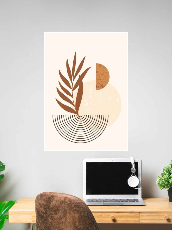 Minimalist abstract wall art with earthy tones, leaf shape, and concentric circles.