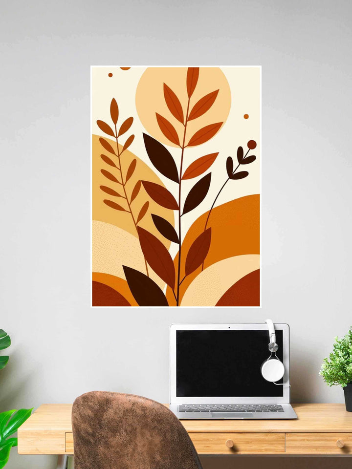Modern abstract botanical print with bold orange and brown leaf designs.