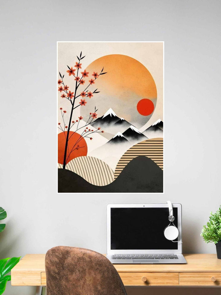 Abstract Japanese wall art with cherry blossoms, mountains, and two suns.