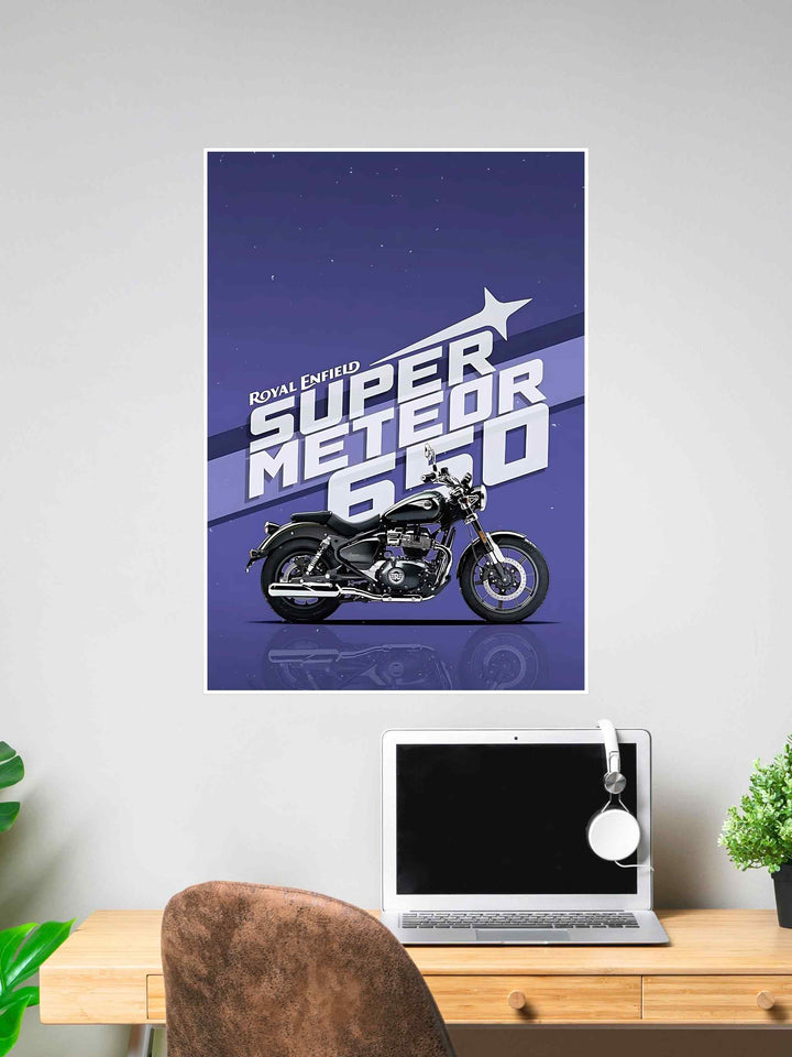 Poster of a Royal Enfield Super Meteor 650 cruiser bike with a bold purple background and stylized typography, showcasing a classic retro-modern design.