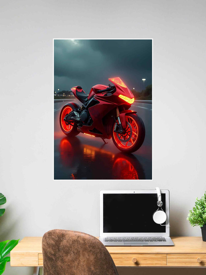 Poster of a futuristic red neon sports bike glowing under stormy skies on a wet road, reflecting vibrant red lights and showcasing a powerful, sleek design.