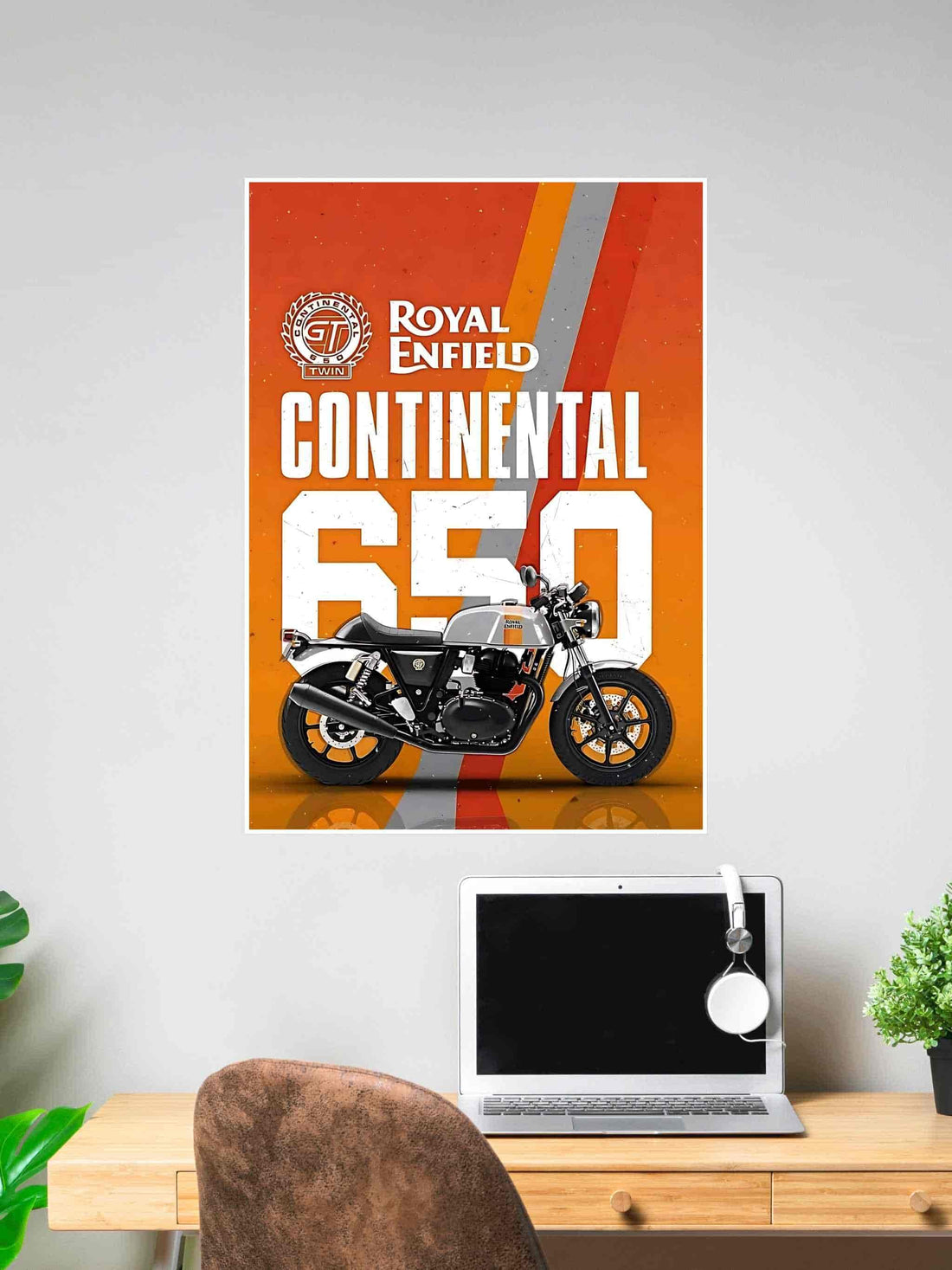 Poster of a Royal Enfield Continental GT 650 motorcycle with bold branding and a vibrant orange-red background, showcasing a vintage cafe racer aesthetic.