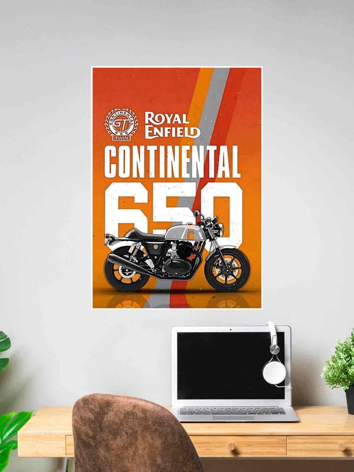 Poster of a Royal Enfield Continental GT 650 motorcycle with bold branding and a vibrant orange-red background, showcasing a vintage cafe racer aesthetic.