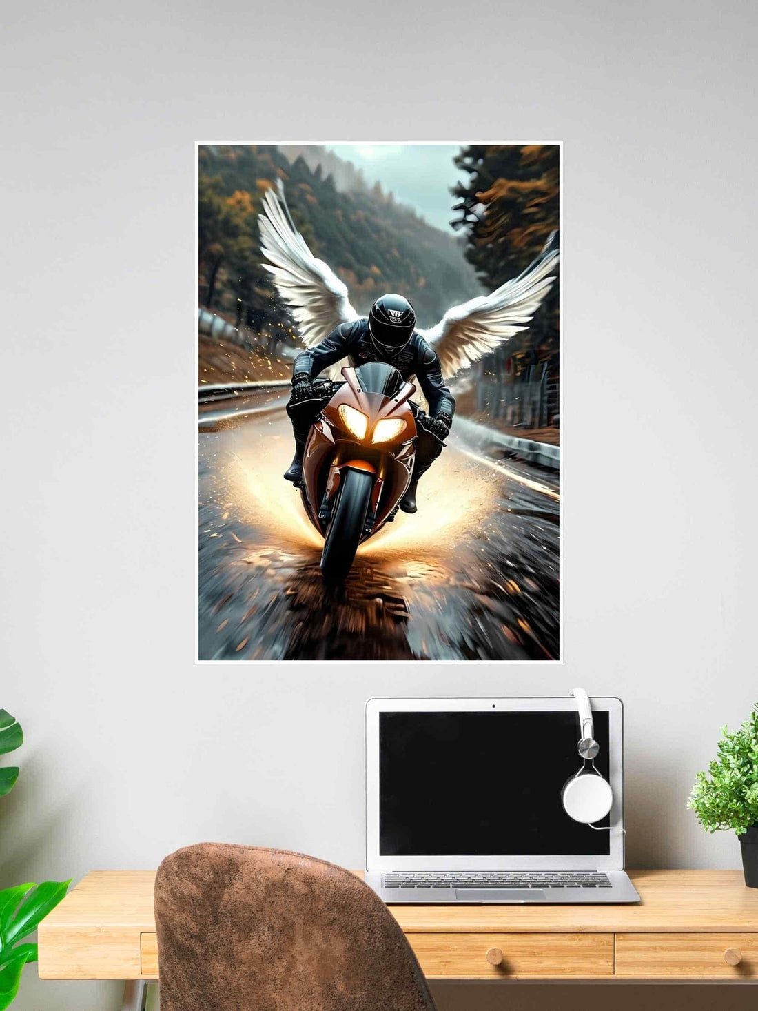 Fantasy artwork of a motorcycle rider with glowing angel wings speeding down a road, with sparks and motion blur creating a powerful, dreamlike effect.