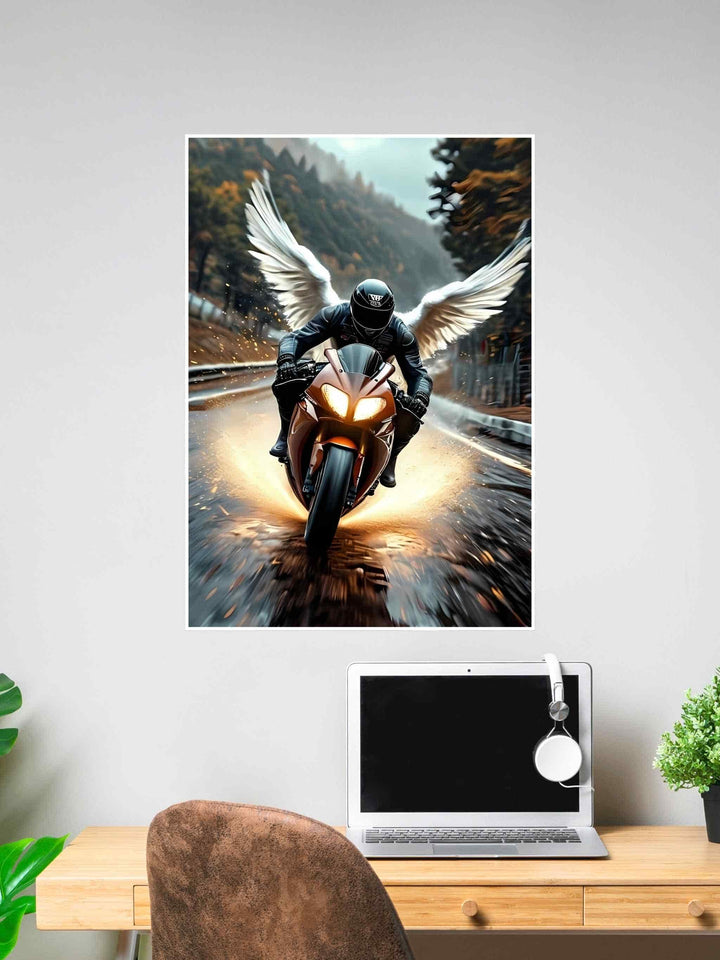 Fantasy artwork of a motorcycle rider with glowing angel wings speeding down a road, with sparks and motion blur creating a powerful, dreamlike effect.