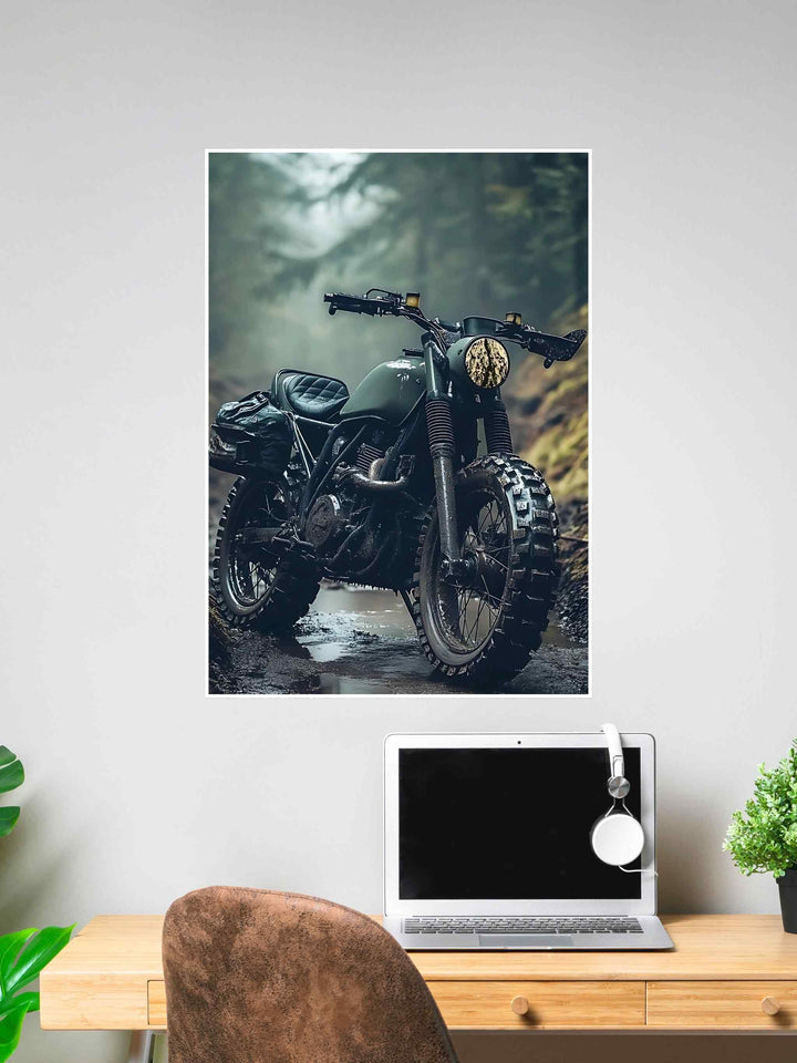 Close-up poster of a muddy off-road adventure bike parked on a forest trail with dense trees, puddles, and a rugged wilderness backdrop.