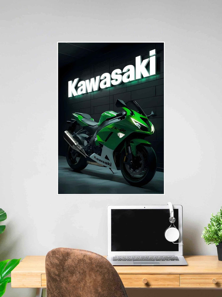 Poster of a Kawasaki Ninja ZX-6R green superbike parked indoors under a glowing Kawasaki sign, highlighting its aggressive racing design.