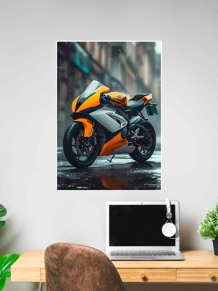 Poster of a sleek orange racing superbike parked on a wet urban street, with moody background and high-detail reflections.