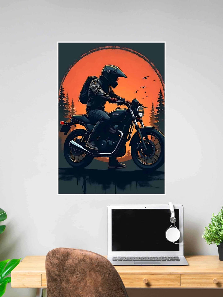 Illustration of a motorcyclist riding in front of an orange sunset with forest and birds in the background.