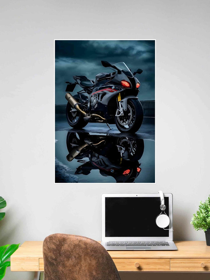 BMW superbike at night with glowing red tail lights, reflected in wet pavement under a stormy sky.