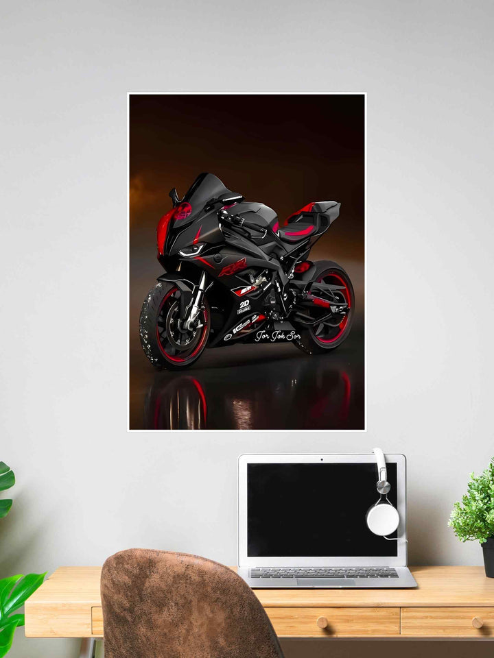Black and red RR sportbike with racing decals, showcased in a dark studio setting with reflective floor and warm lighting.