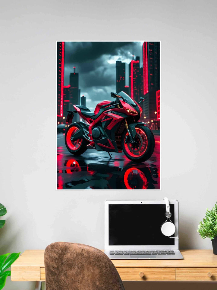 Futuristic red sportbike parked in a neon-lit cyberpunk city, reflecting on wet asphalt under dramatic skies.