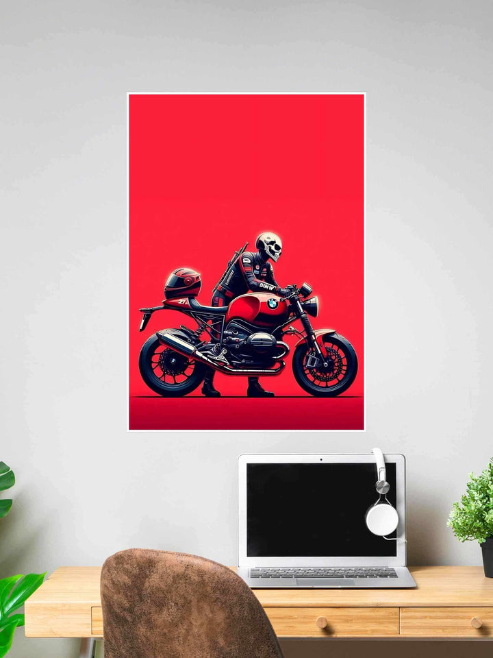 Digital artwork of a skull-faced rider on a red BMW motorcycle, set against a solid red background for bold and edgy impact.