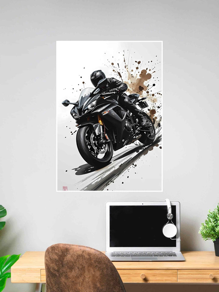 Yamaha R-Series sportbike ridden by a motorcyclist in full black gear with a dramatic ink splash background.