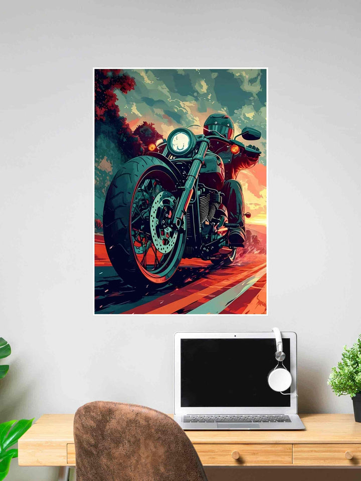 Stylized cruiser motorcycle with a rider speeding into a vivid sunset, featuring bold shadows and dramatic road reflections.