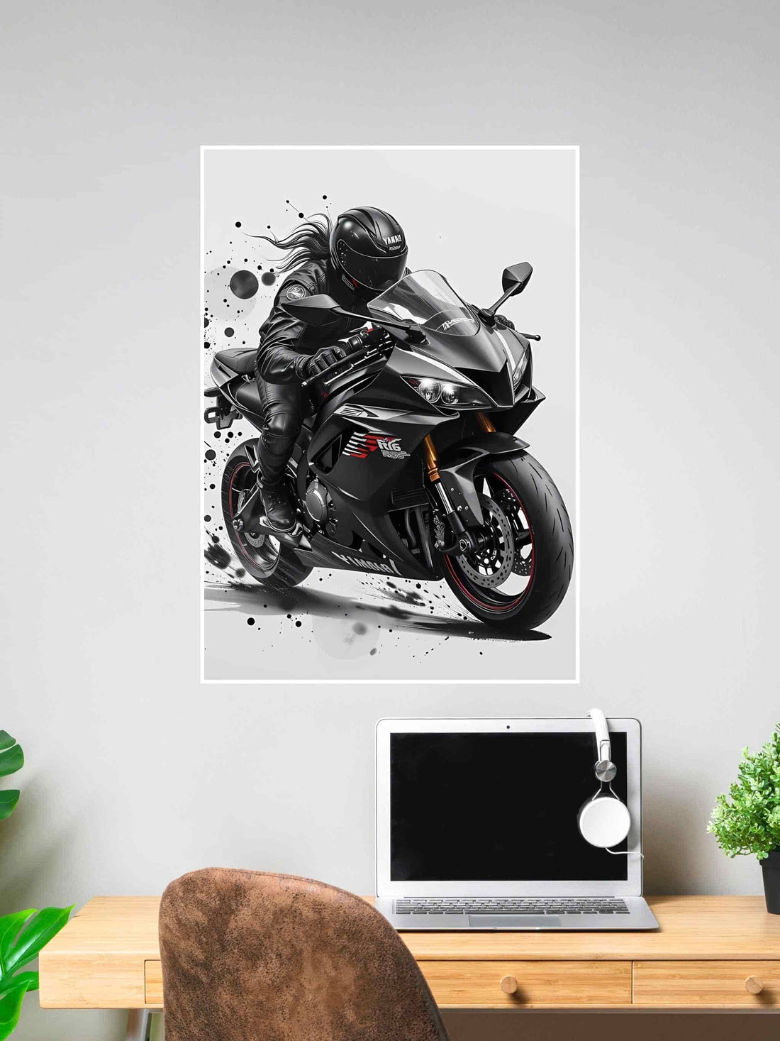 Motorcyclist riding a Yamaha R6 sportbike in full black gear with a dynamic splash background.