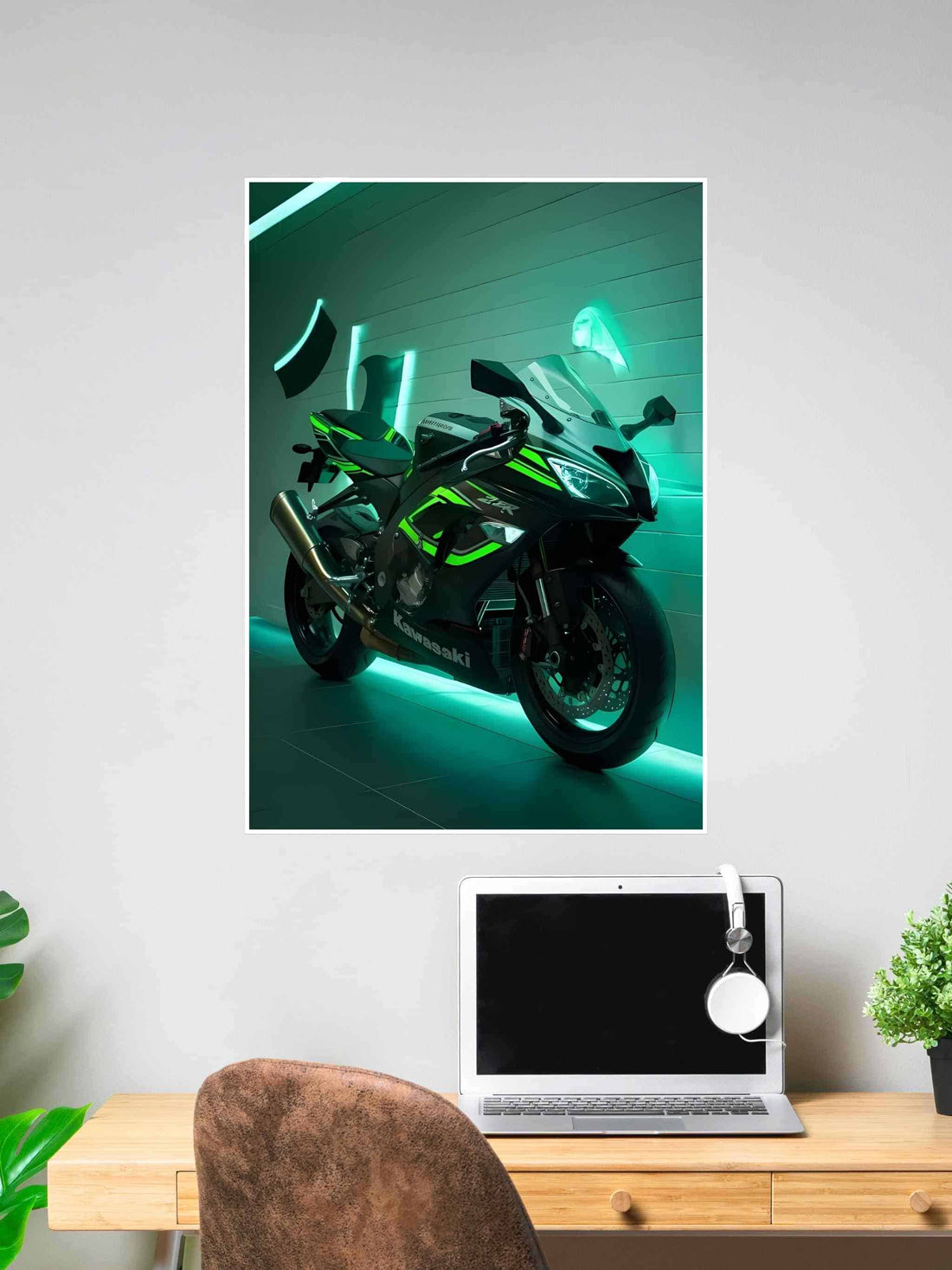 Kawasaki ZX-7R motorcycle with glowing green neon lights parked in a modern, futuristic setting.