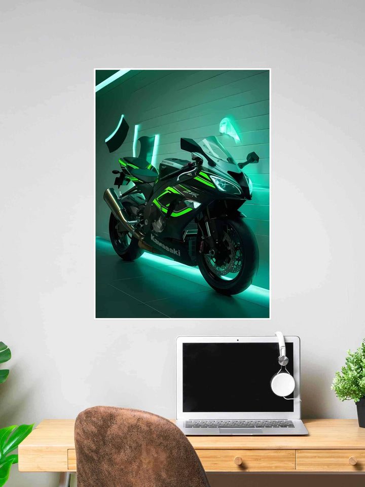 Kawasaki ZX-7R motorcycle with glowing green neon lights parked in a modern, futuristic setting.