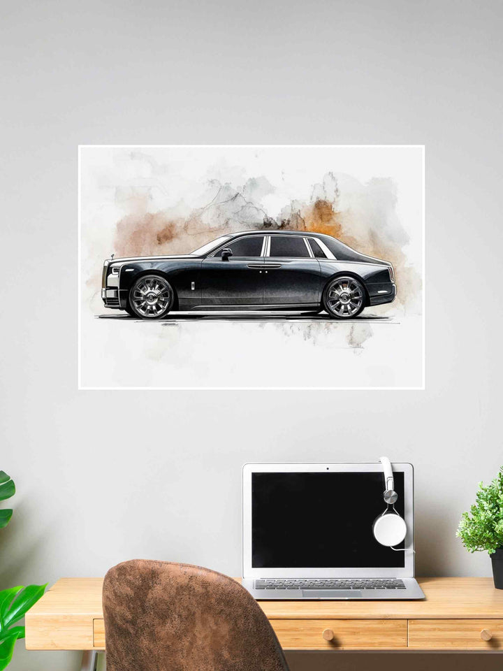 Watercolor-style illustration of a luxury black sedan displayed on a wall above a wooden desk setup.