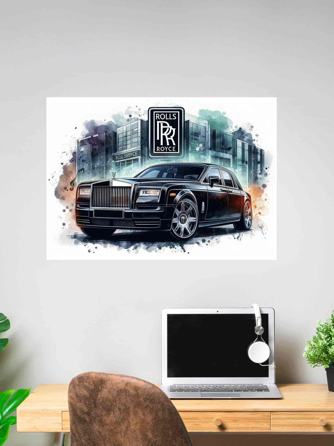 Watercolor illustration of a Rolls-Royce car in front of a cityscape, displayed above a desk with a laptop and chair.
