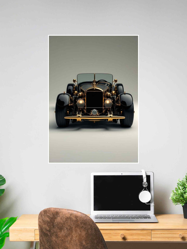Poster of a vintage black and gold luxury car viewed from the front, displayed on a modern wall above a work desk.
