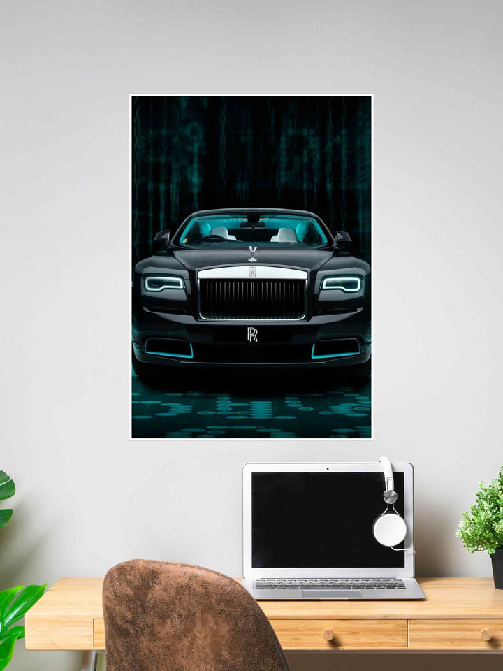 Poster of a Rolls-Royce car from the front with teal lighting and a futuristic digital background, hanging above a desk setup.