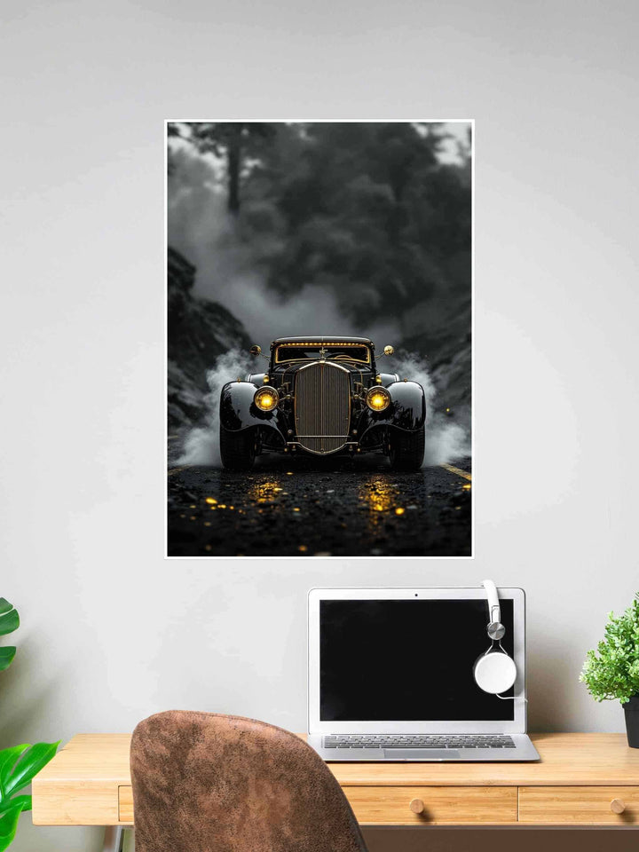 Front view of a vintage black and gold car on a wet road, with misty mountains and dramatic lighting in the background, displayed as wall art.