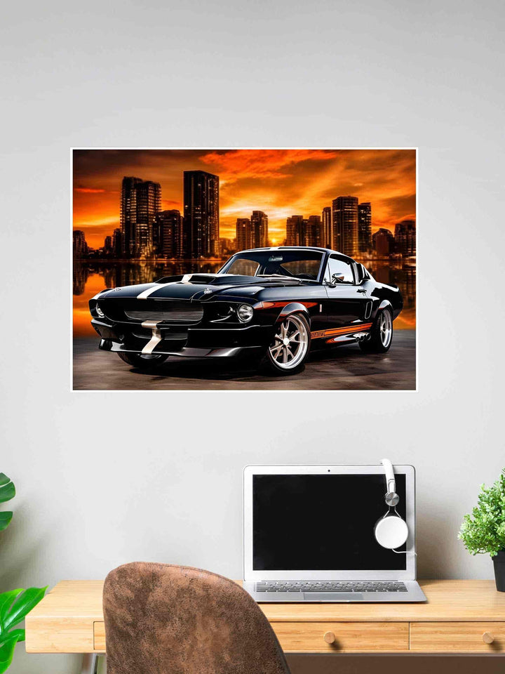 Poster of a black classic Mustang car with white stripes, in front of a city skyline at sunset with orange and red clouds.