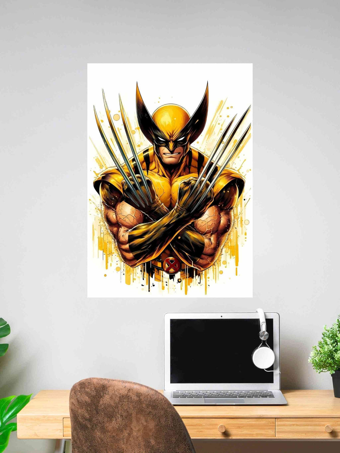 Poster of Wolverine in classic yellow costume with claws crossed, comic-style art with bold outlines and splashes of yellow.