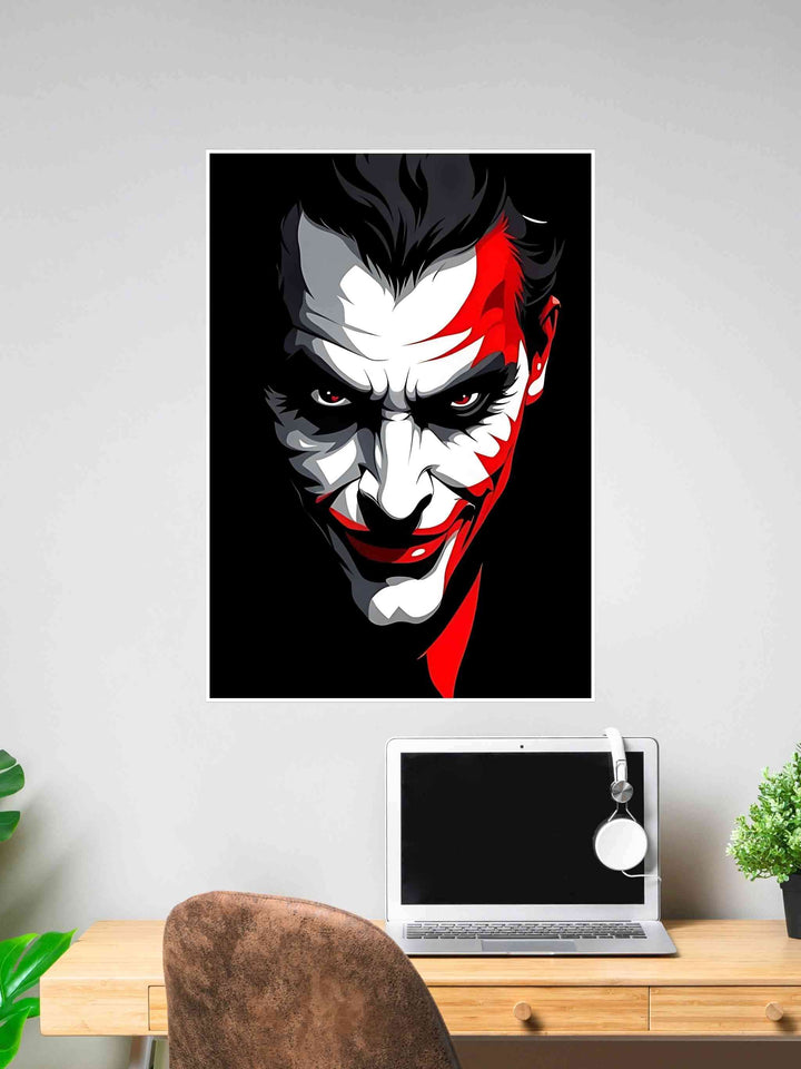 Stylized portrait of the Joker with intense red and black shading, dark background, and sinister facial expression.