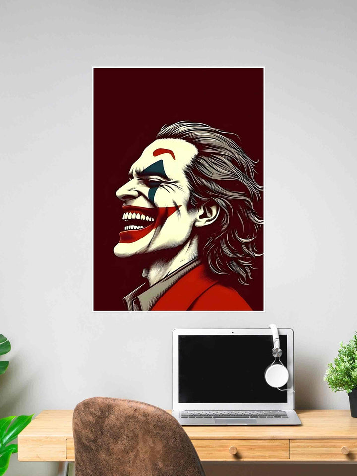 Side-profile illustration of the Joker laughing, with clown makeup, red suit, and bold maroon background.