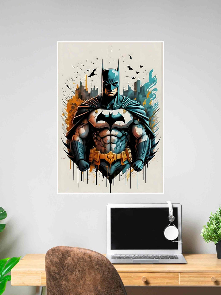Muscular Batman illustration with Gotham skyline and bats in the background, cape flowing, and intense expression.