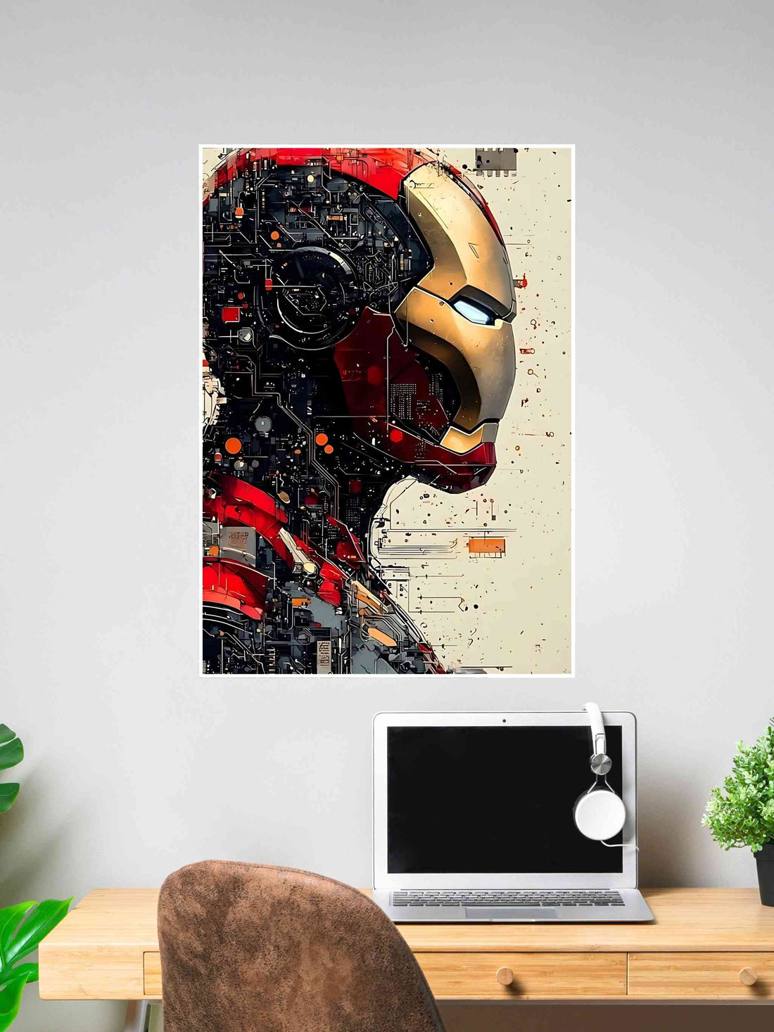 Side profile of Iron Man with detailed internal circuitry and futuristic schematic design in red, gold, and black.