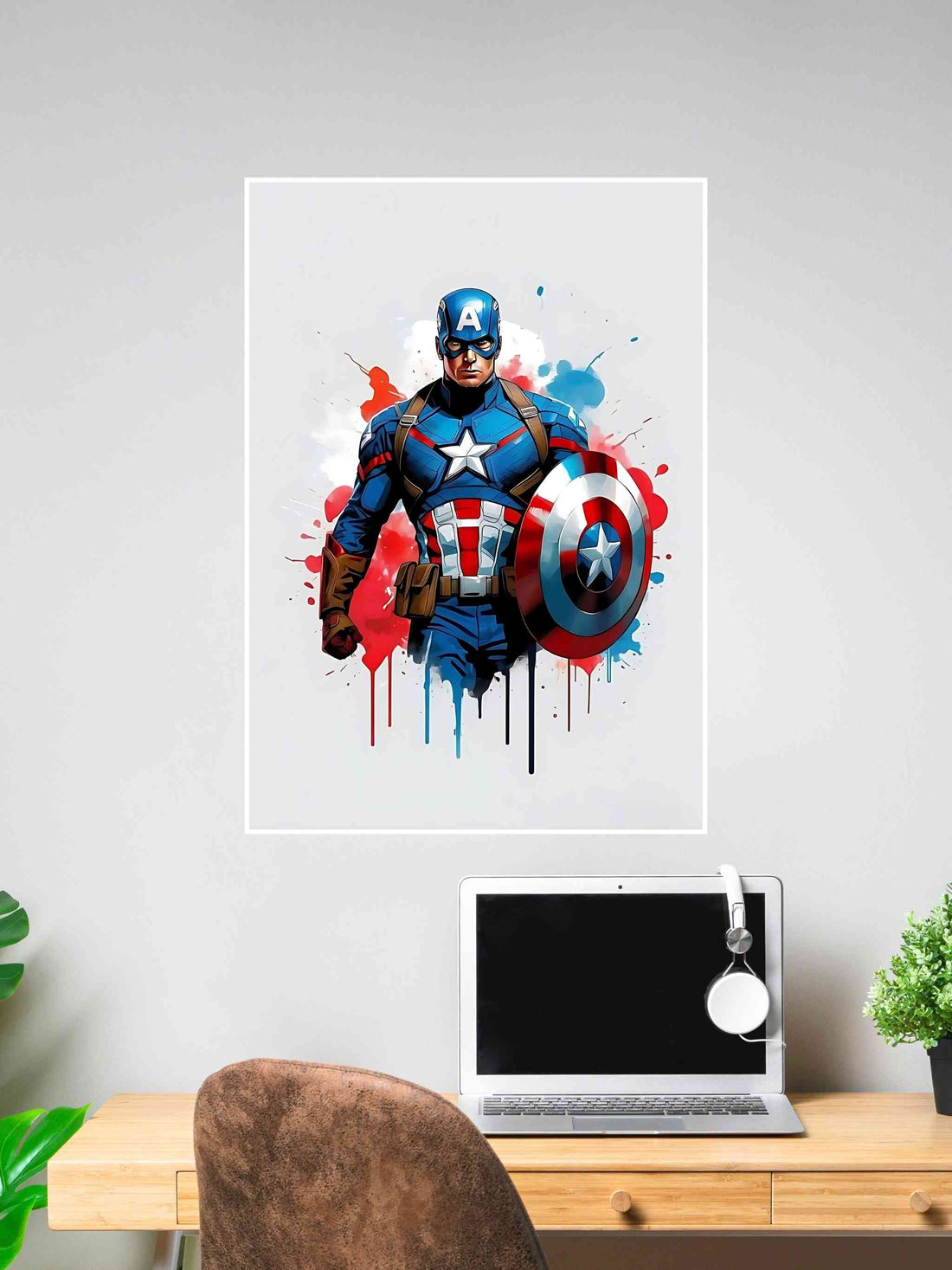 Captain America standing with his shield in front of a splattered red, white, and blue paint background.