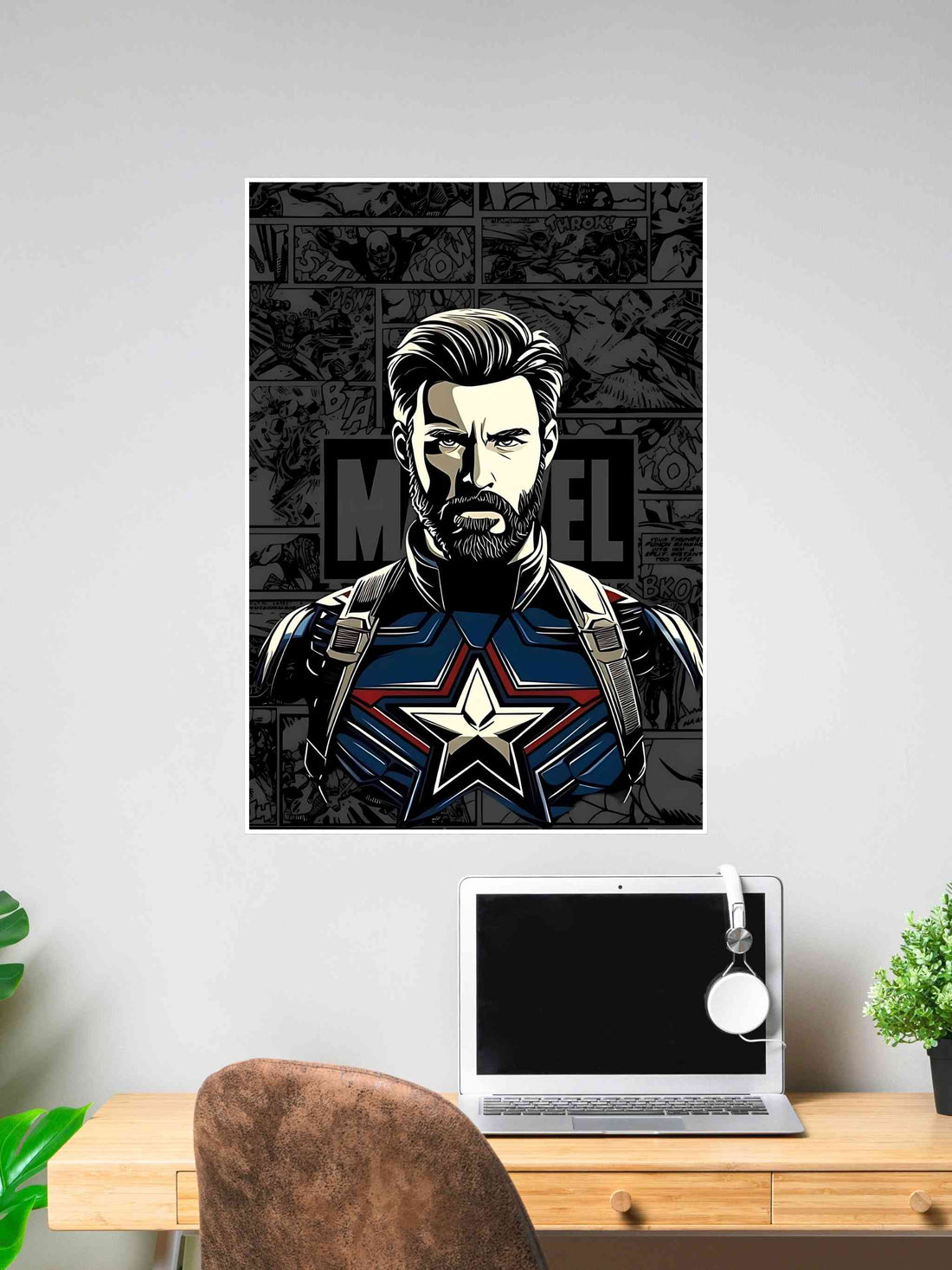Captain America in a modern comic-style with a star on his chest, set against a grayscale comic background with the word “MARVEL” in bold.