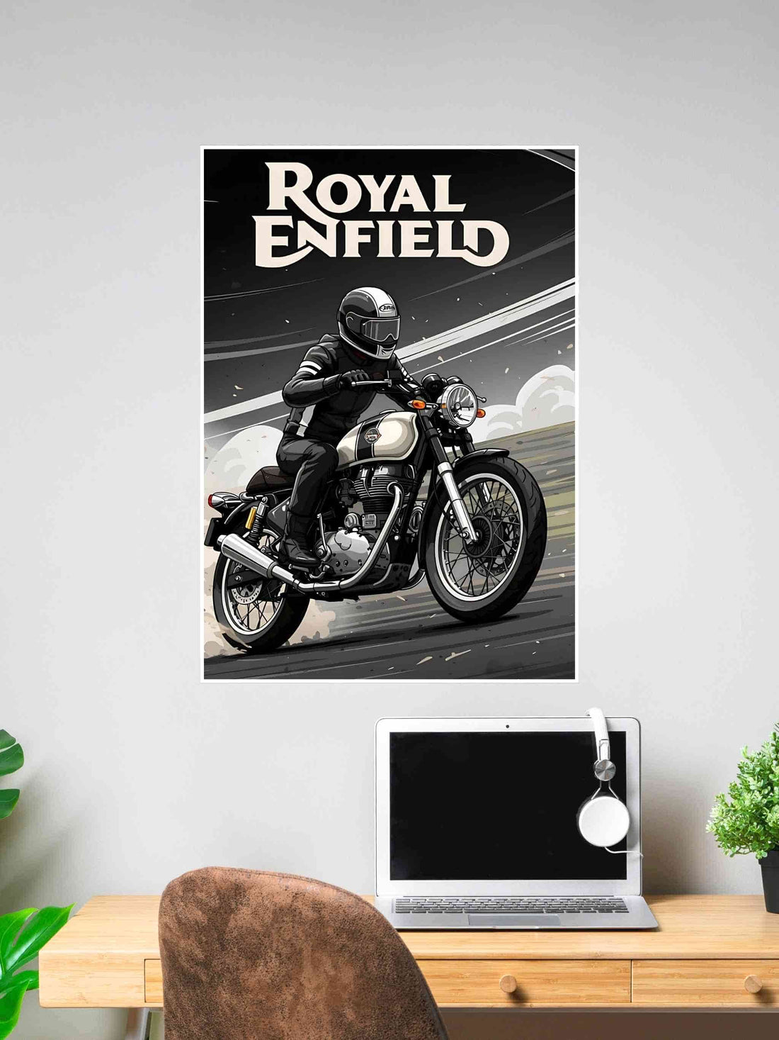 Illustration of a biker riding a Royal Enfield motorcycle with a retro racing vibe, dark background, and bold "Royal Enfield" text above.