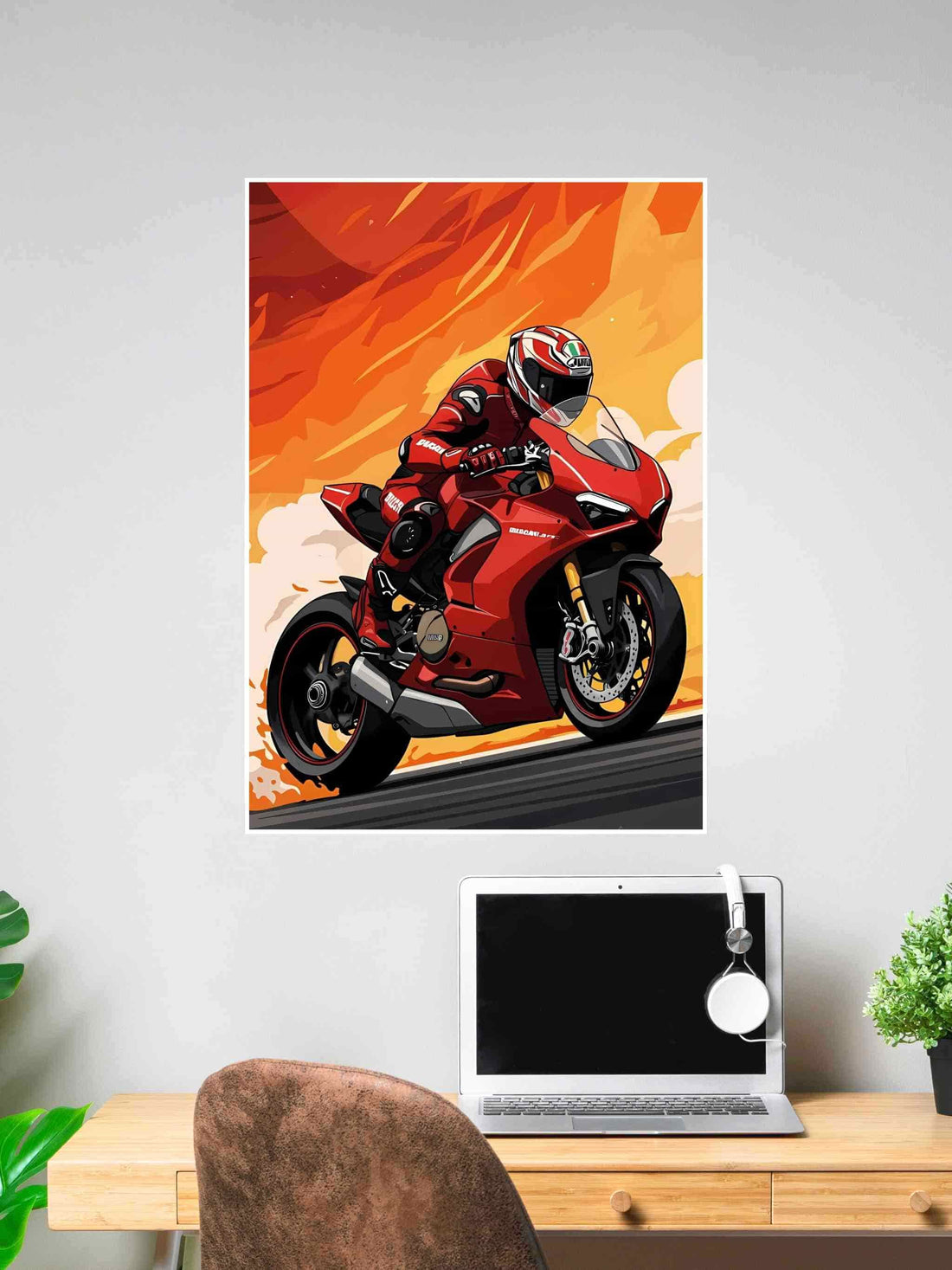 Illustration of a red Ducati superbike with a rider in racing gear speeding down a road with a fiery orange sky background.
