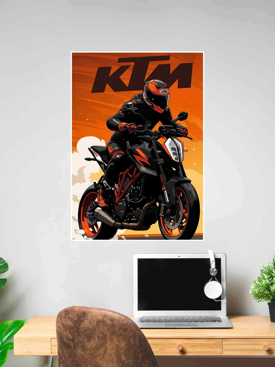 Illustrated poster of a KTM rider on a Super Duke bike in an orange racing theme, with bold KTM branding in the background.