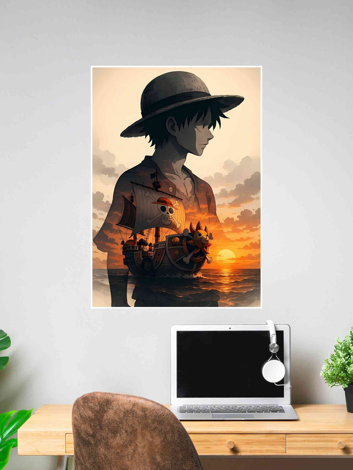 One Piece anime poster featuring Monkey D. Luffy with the Going Merry ship at sunset, ideal for anime lovers and Japanese animation-themed wall decor.
