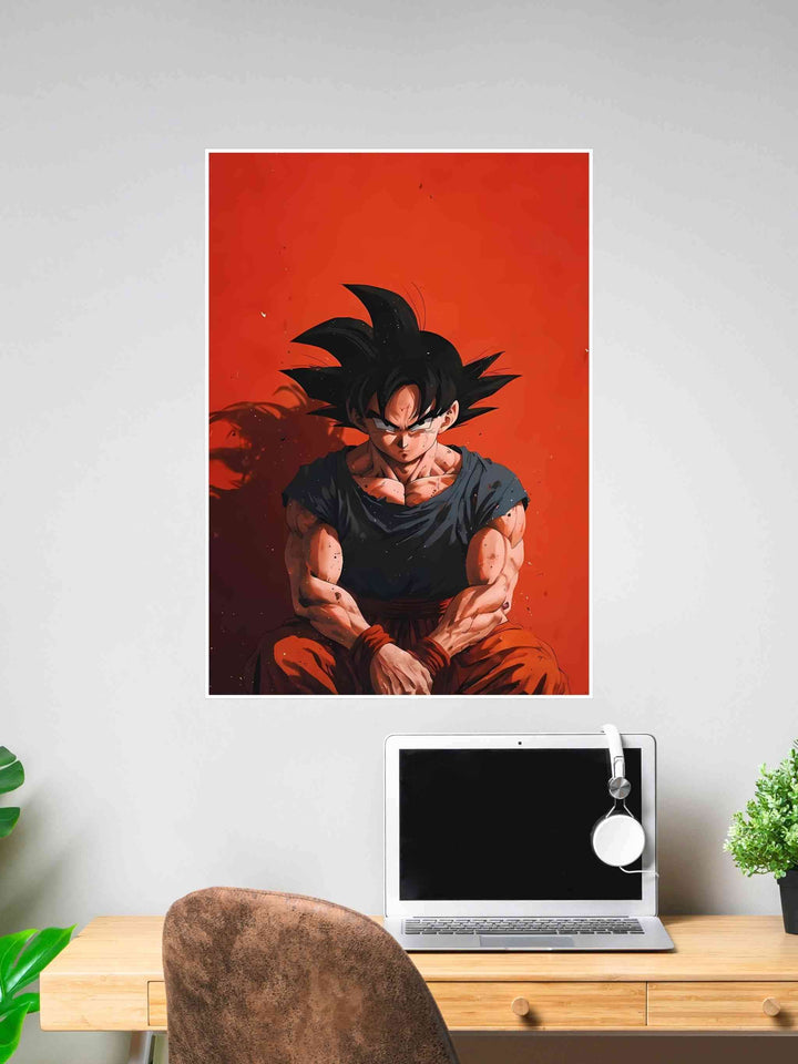 Dragon Ball Z Goku anime poster with intense expression and red background, perfect wall art for fans of motivational anime characters and Saiyan energy.