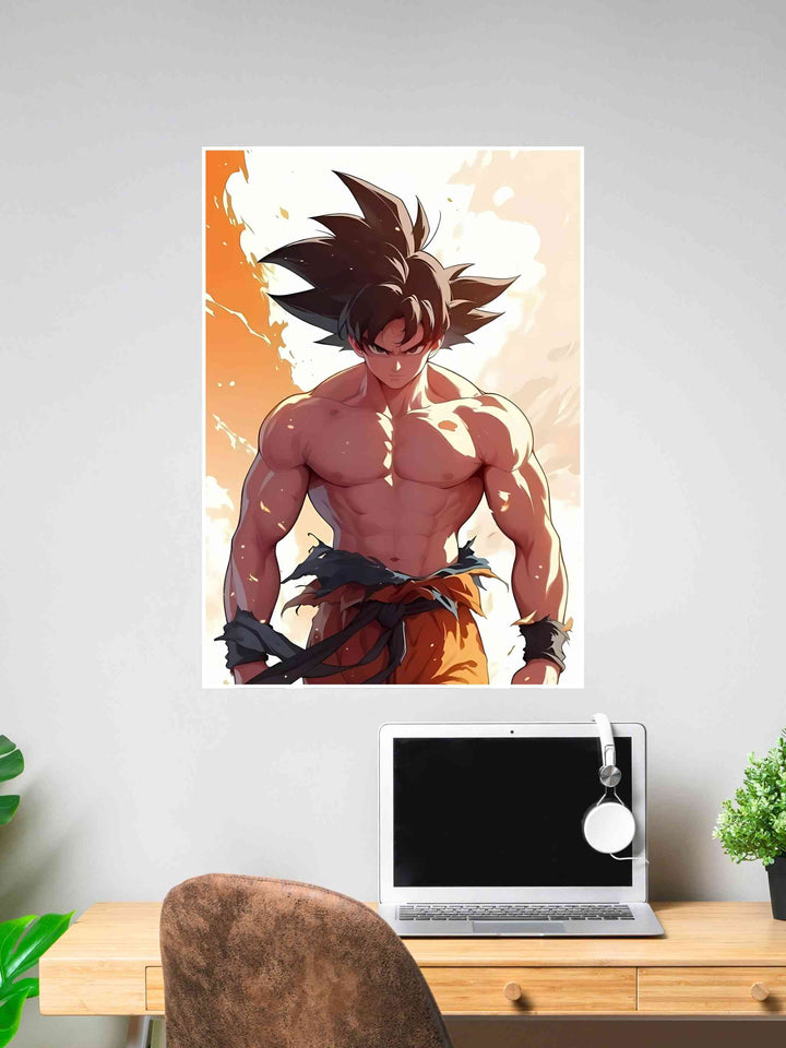 Goku in Ultra Instinct form poster with glowing aura and ripped clothes, ideal anime wall art for Dragon Ball Z fans and powerful home décor themes.
