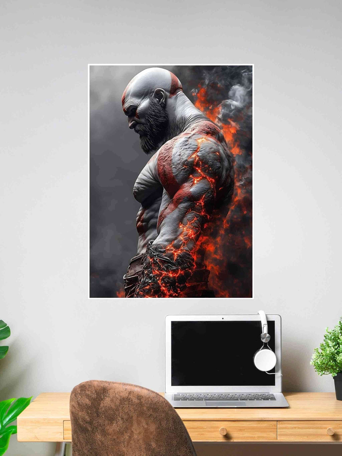 Kratos God of War poster with fiery lava effects, muscular side profile and smoke background – ideal for gamer wall art or bold action-themed room decor.